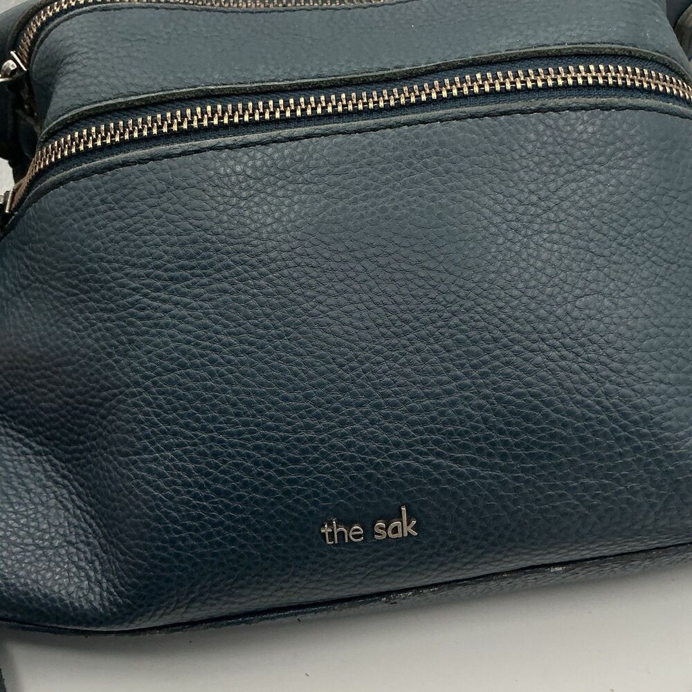 The Sak Blue Leather Crossbody Bag Triple Zip Organizer Adjustable Strap